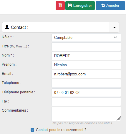 Contact pour le recouvrement