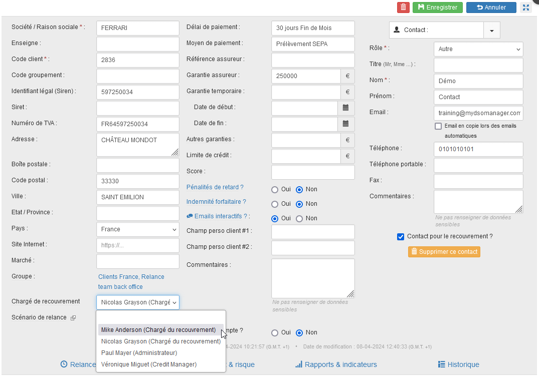 Fiche client charge de recouvrement