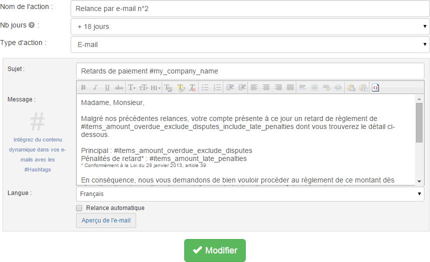 Ecran modifier une action