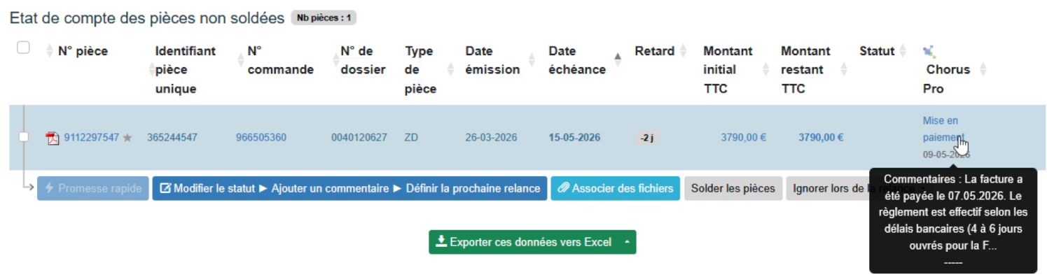 Statuts Chorus Pro dans l'état de compte client My DSO Manager