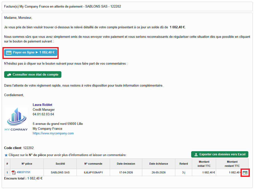 E-mail de relance avec bouton de paiement Paynum intégré