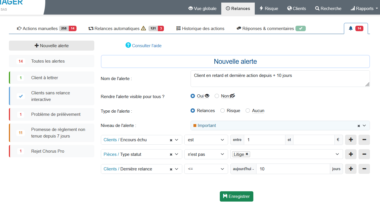 Alerte absence de relance critères