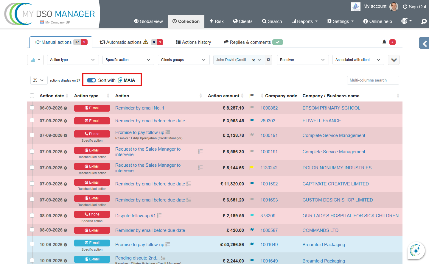 Screenshot of the collection agenda automatically prioritized by MAIA Actions in My DSO Manager
