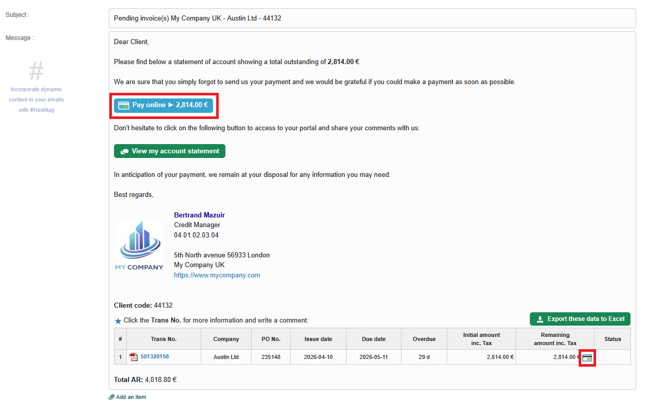Customer follow-up email with integrated Paynum payment link in My DSO Manager