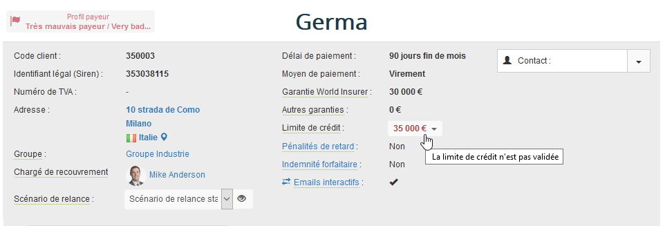 Fiche client Limite de Crédit