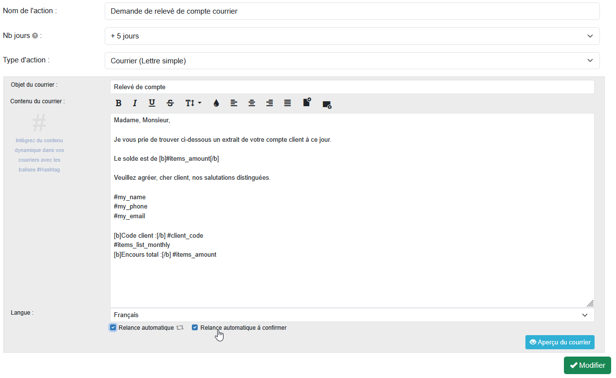 Courrier de relance automatique