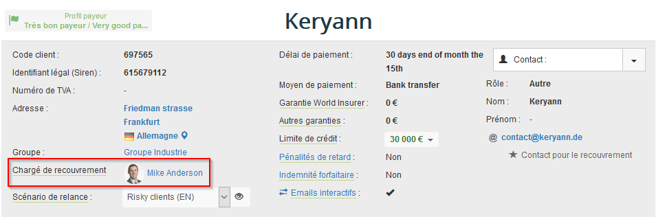 Chargé recouv. fiche client